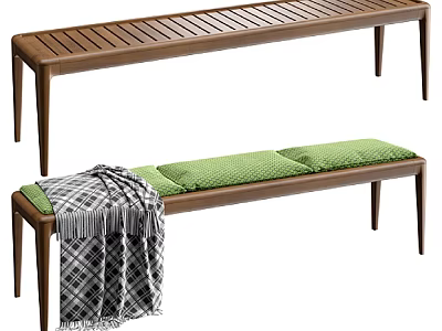 Wooden Chaise Lounge With Green Cushions And Black White Checkered Blanket 3d model