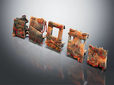 Rusted Metal Connectors With Worn Surfaces Arranged In A Row On Gray Background 3d model