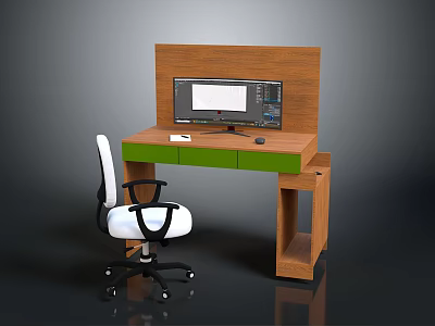 Wooden Home Office Desk With Green Drawers White Chair And Monitor 3d model