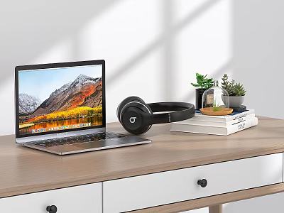 Modern Laptop Apple Laptop Headset Desk succulent 3d model