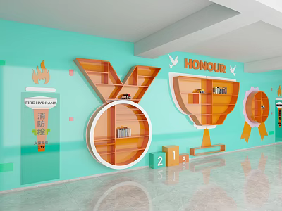 Orange Trophy Shaped Bookshelf With Books On Green Wall Honour Theme And Rank Numbers 3d model