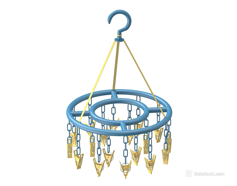 Practical Blue Circular Hanger With Multiple Golden Clips For Drying Clothes 3d model