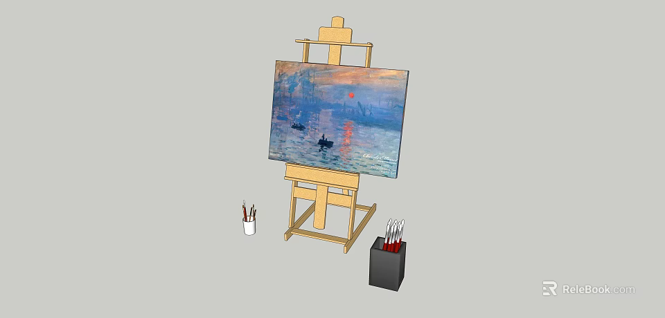 Art Supplies Setup With Wooden Easel Canvas Painting And Paintbrushes 3d model 