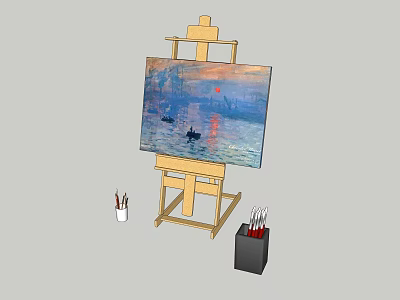 Art Supplies Setup With Wooden Easel Canvas Painting And Paintbrushes 3d model