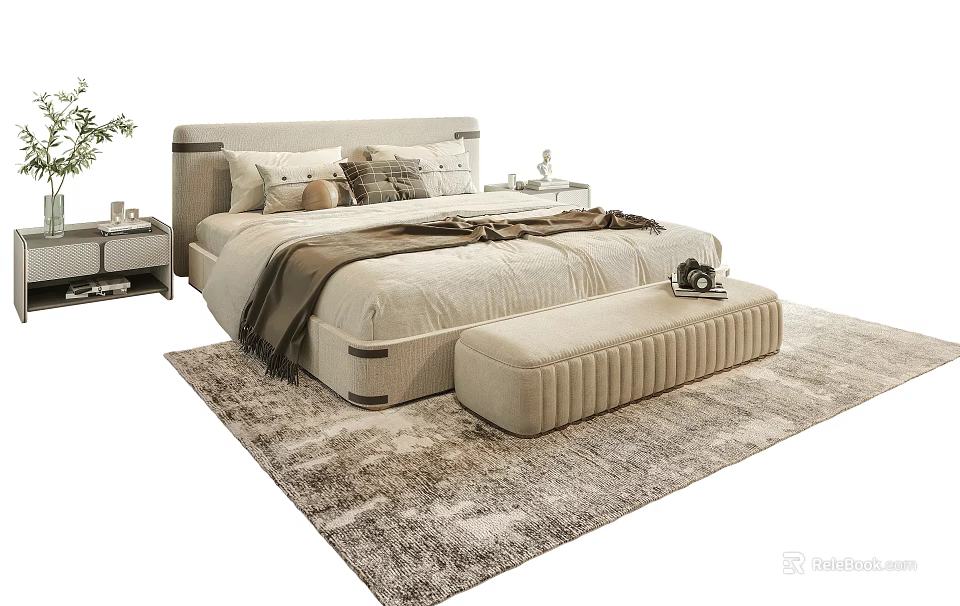 Elegant Modern Double Bed Interior With Soft Pillows Warm Blanket Bedside Table And Rug 3d model 