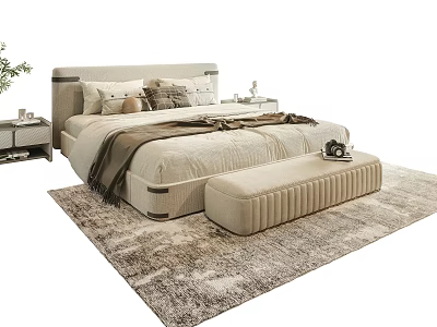Elegant Modern Double Bed Interior With Soft Pillows Warm Blanket Bedside Table And Rug 3d model