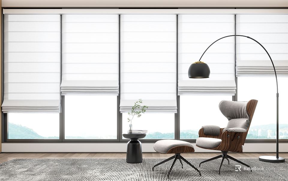 White Roman Blinds For Living Room Windows With Modern Armchair And Floor Lamp 3d model 