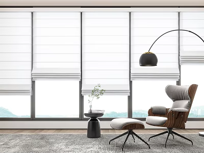 White Roman Blinds For Living Room Windows With Modern Armchair And Floor Lamp 3d model