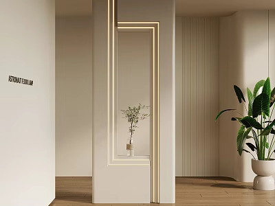 Modern Interior With Lit Decorative Column Green Plants Striped Wall And Wooden Floor 3d model