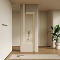 Modern Interior With Lit Decorative Column Green Plants Striped Wall And Wooden Floor