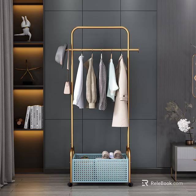 Golden Clothes Rack with Hanging Coats Shirts Hat and Wheeled Storage Basket in Modern Interior 3d model 