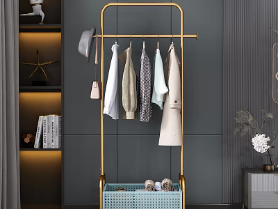 Golden Clothes Rack with Hanging Coats Shirts Hat and Wheeled Storage Basket in Modern Interior 3d model