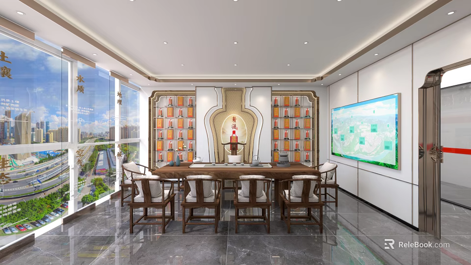 Elegant Store Front Desk With Long Table Chairs Decorative Shelves Large Screen And Window View 3d model 