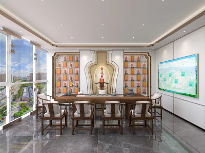 Elegant Store Front Desk With Long Table Chairs Decorative Shelves Large Screen And Window View 3d model