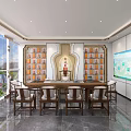 Elegant Store Front Desk With Long Table Chairs Decorative Shelves Large Screen And Window View