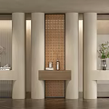 Modern Perforated Partition Interior Design With Columns Console Table Vase And Plant 3d model