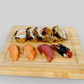 Assorted Fresh Sushi Platter With Salmon Sashimi And Rolls On Wooden Board