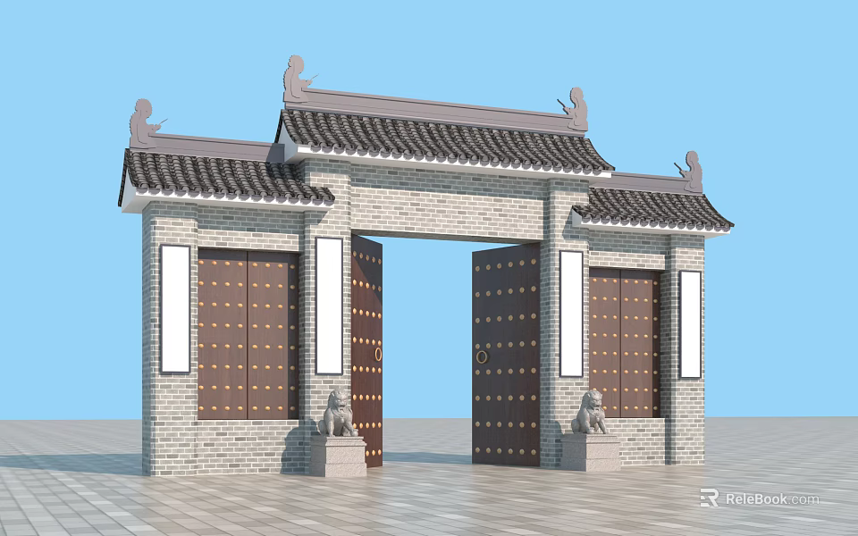 Traditional Chinese Paifang with Tile Roof Stone Lion Statues and Wooden Gates 3d model 