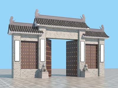 Traditional Chinese Paifang with Tile Roof Stone Lion Statues and Wooden Gates 3d model