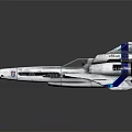 Futuristic Blue And White Spaceship With Streamlined Fuselage Multiple Blue Engines And Aerodynamic Tail Fins