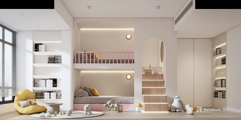 Kids Bedroom Interior With Bunk Bed Pink Railing Grey Sofa Bed Stairs Bookshelves Stuffed Toys 3d model 