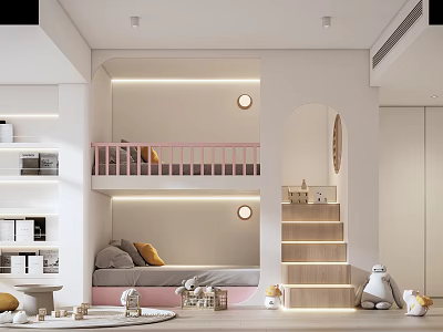 Kids Bedroom Interior With Bunk Bed Pink Railing Grey Sofa Bed Stairs Bookshelves Stuffed Toys 3d model