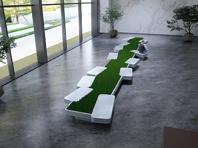 Modern Indoor Landscape Bench With White Seating Green Grass Gray Floor And Large Windows 3d model