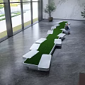 Modern Indoor Landscape Bench With White Seating Green Grass Gray Floor And Large Windows