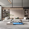 Modern Minimalist Living Room Interior With Beige Sofa Wooden Bookshelves And Coffee Table