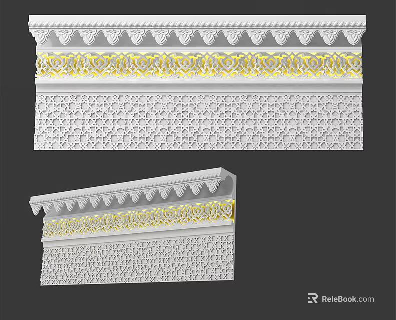 White Ceiling Design With Carved Patterns And Yellow Decorative Relief Details 3d model