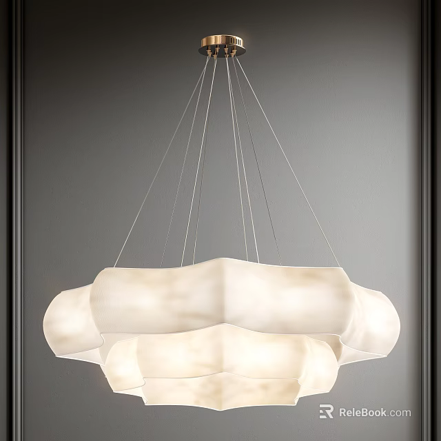 Modern White Layered Cloud Shaped Chandelier Suspended with Thin Metal Wires in Minimalist Indoor Space 3d model 