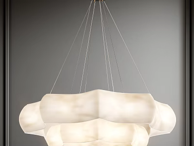 Modern White Layered Cloud Shaped Chandelier Suspended with Thin Metal Wires in Minimalist Indoor Space 3d model
