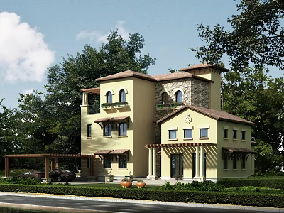 Single Family Villa Yellow Exterior With Brown Roof And Greenery Surrounded By Trees 3d model