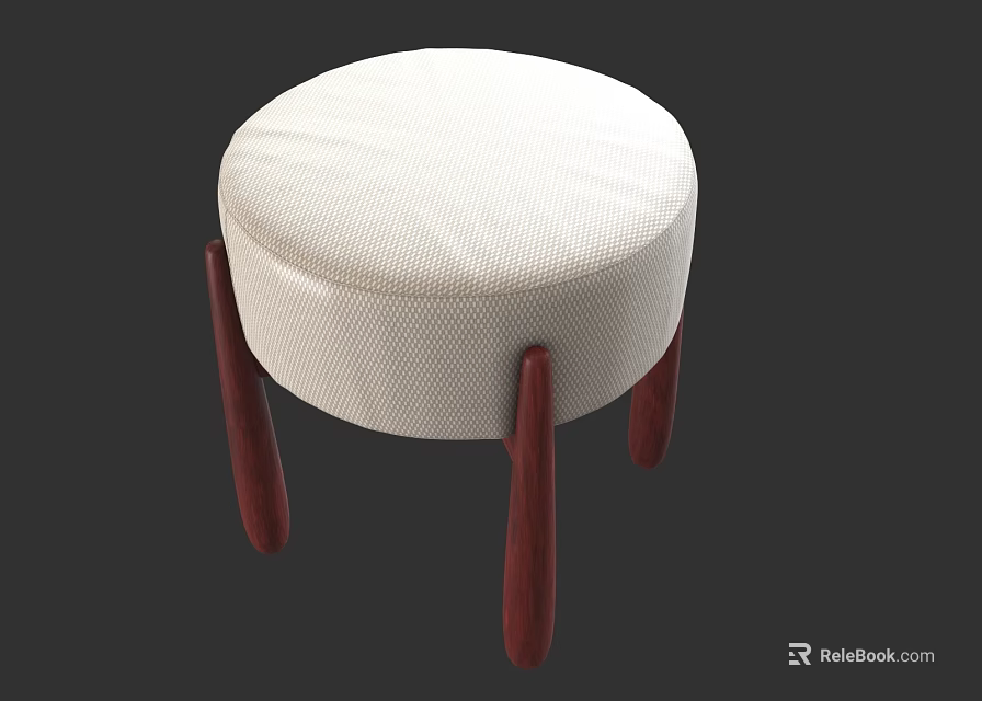 Modern Round White Fabric Upholstered Stool With Four Dark Red Wooden Legs 3d model 