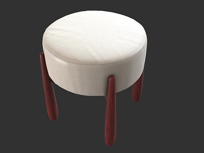 Modern Round White Fabric Upholstered Stool With Four Dark Red Wooden Legs 3d model