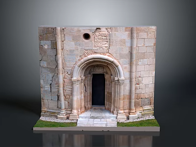 Historic Stone Arched Gate With Stone Wall Steps And Green Grass 3d model