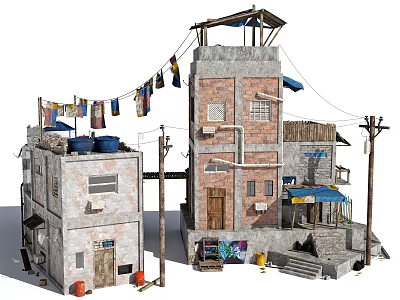 Old Brick Residential Building With Hanging Clothes Balconies Rooftop Items And Utility Poles 3d model