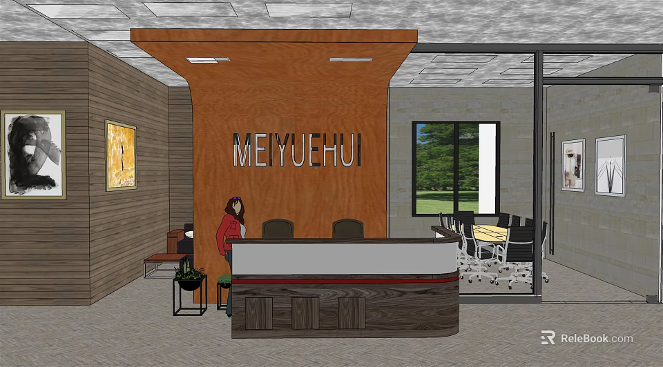 Modern Reception Desk Area With Wooden Design MEIYUEHUI Signage Receptionist Glass Partition And Potted Plant 3d model 