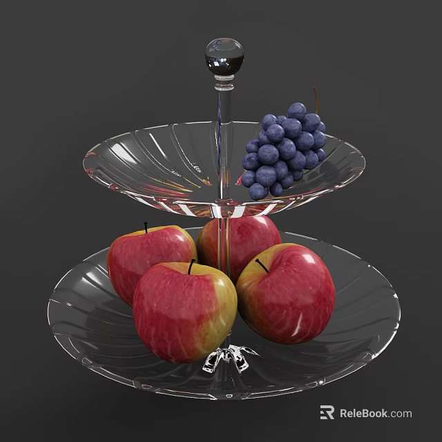 Transparent Two Tier Glass Fruit Tray With Red Apples And Purple Grapes 3d model 