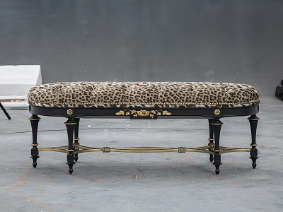Elegant Leopard Print Upholstered Bench With Black Legs And Gold Accents On Gray Floor 3d model