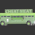 Green Vintage Bus With Illuminated Neon Sign Displaying GREAT MEAT On Top
