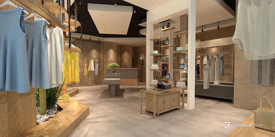Modern Clothing Store Interior Design With Hanging Clothes Wooden Shelves And Green Plants 3d model 