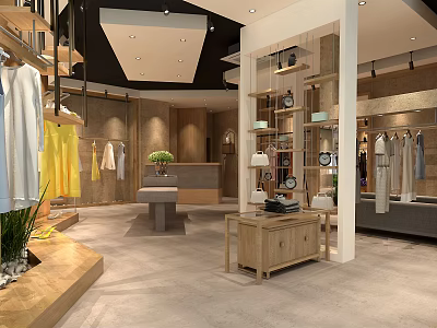 Modern Clothing Store Interior Design With Hanging Clothes Wooden Shelves And Green Plants 3d model