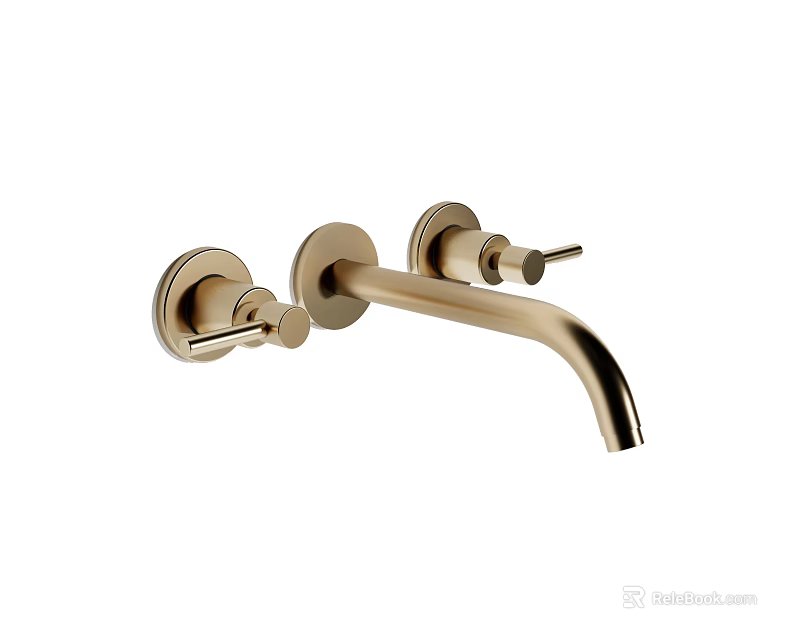 Gold Wall Mounted Faucet With Dual Handles And Curved Spout Design 3d model 