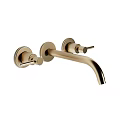 Gold Wall Mounted Faucet With Dual Handles And Curved Spout Design