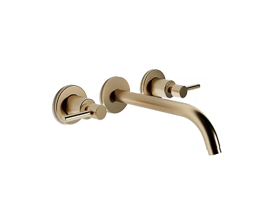 Gold Wall Mounted Faucet With Dual Handles And Curved Spout Design 3d model