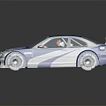 Blue and white race car model with sporty design rear spoiler on black reflective surface