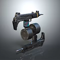 3D Rendered Mechanical Weapon With Black Metal Complex Structure And Circular Components