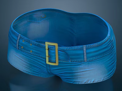 Blue High Waist Denim Shorts With Yellow Belt Buckle And Stitched Pockets 3d model