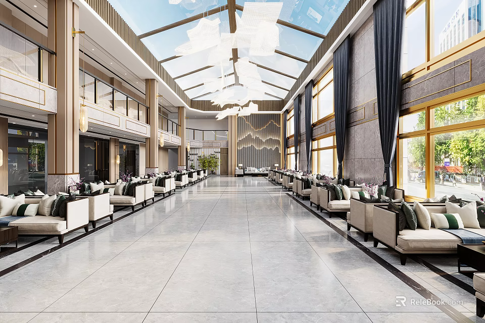 Modern Luxury Hotel Lobby Interior With Chandeliers Sofas And Large Windows 3d model